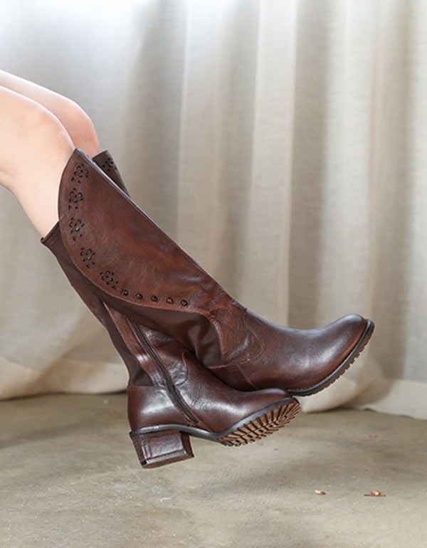 Håndlagde Retro Leather Kne Støvler For Kvinner