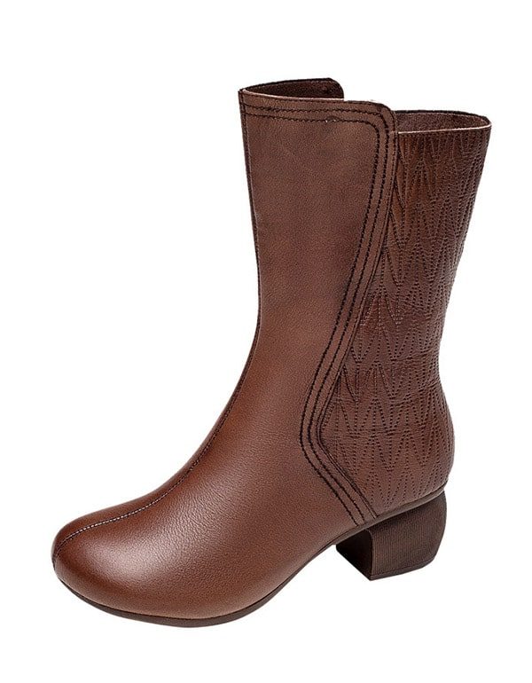 Mid-tube Round Head Plysj Retro Chunky Boots