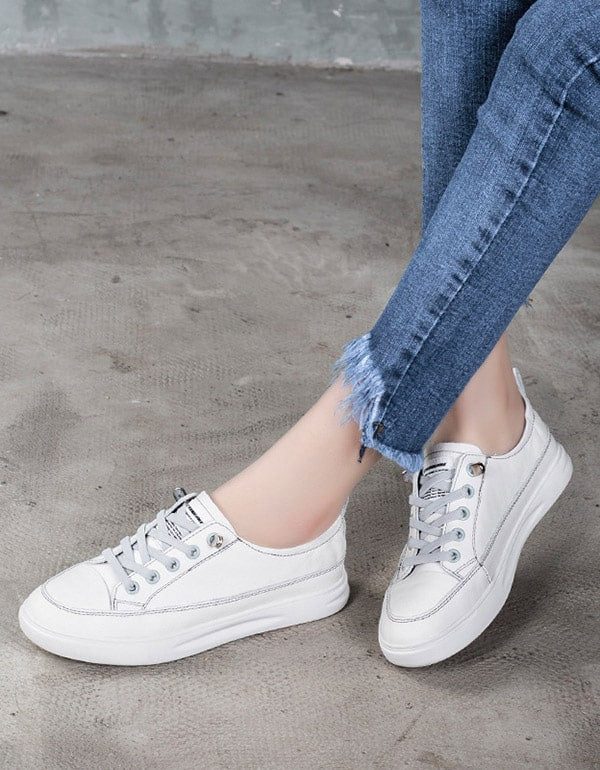 Casual Leather Sneakers For Dame Hvit