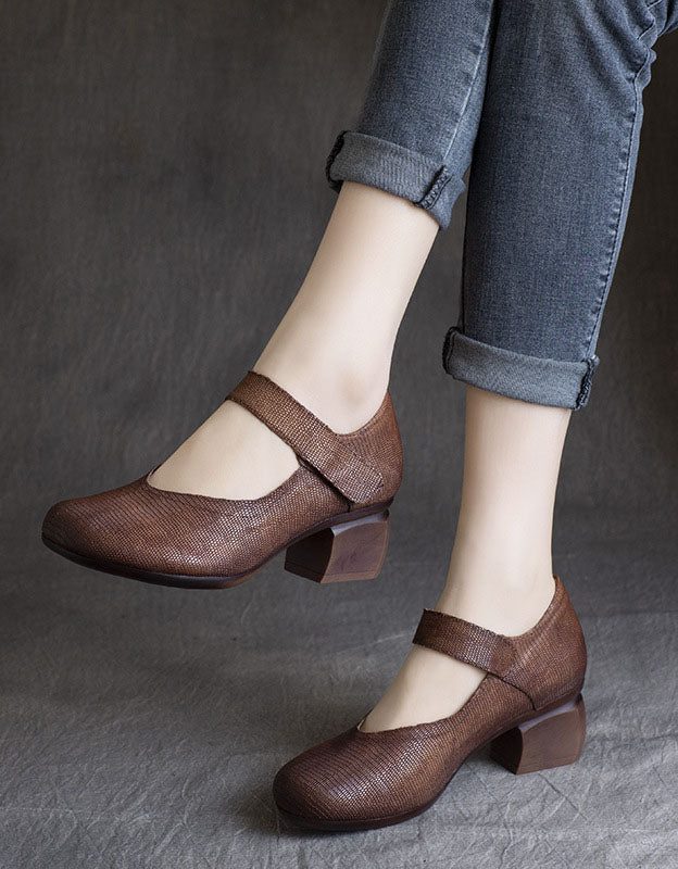 Vintage Leather Komfortable Chunky Heels Pumps