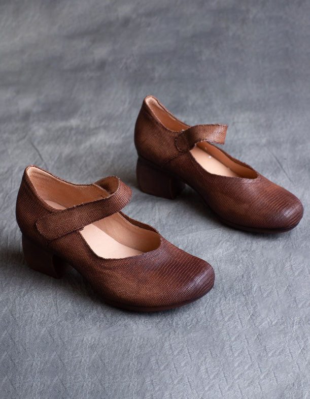 Vintage Leather Komfortable Chunky Heels Pumps