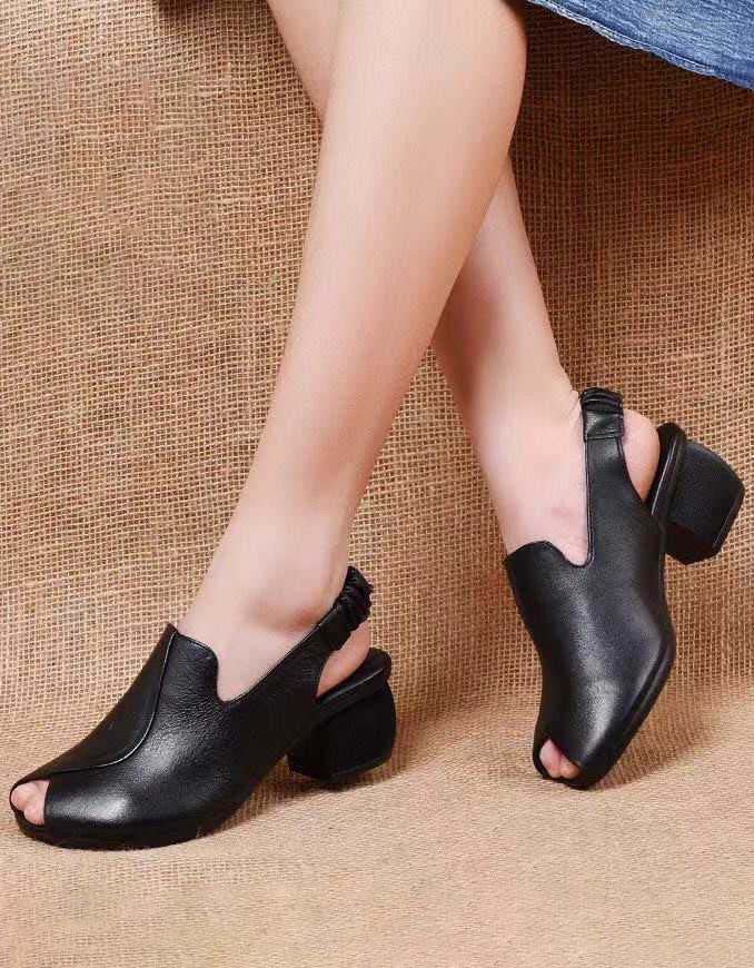 Retro Leather Slingback Fish Toe Chunky Heel Sandaler