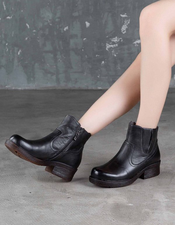 Håndlagde Retro Leather Chunky Heel Boots