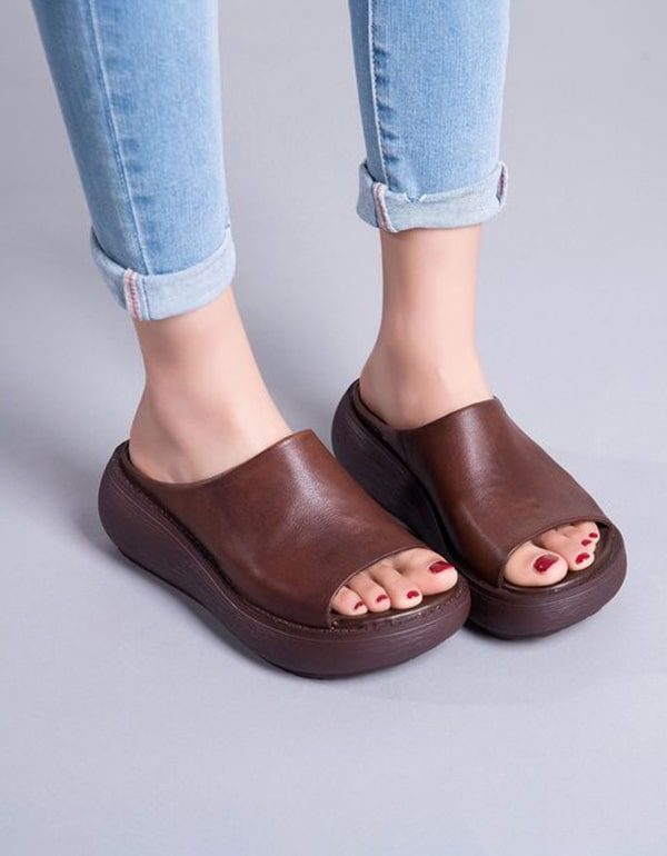 Åpen Tå Retro Leather Sommertøfler Sandaler