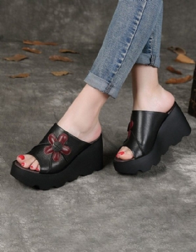 Håndlagde Retro Summer Black Wedge-tøfler