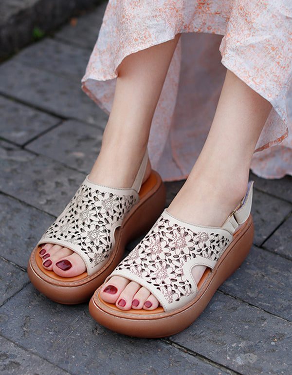 Retro Leather Hollow Wedge Sandaler