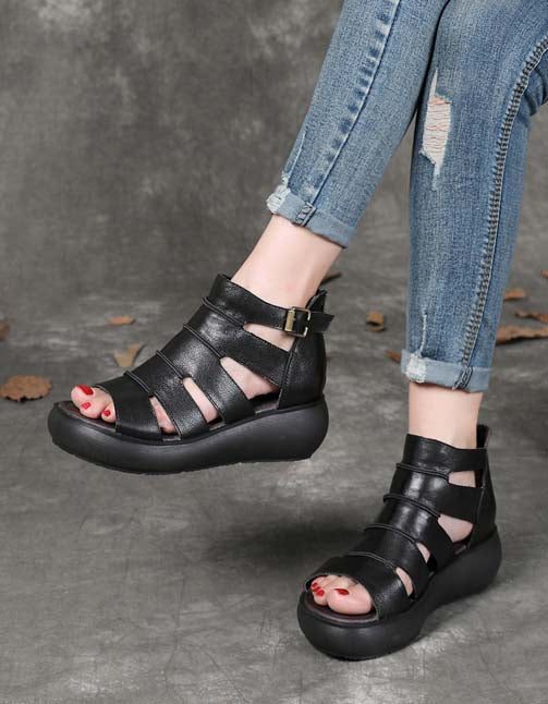 Retro Skinn Ankelrem For Kvinner Sandaler Svart