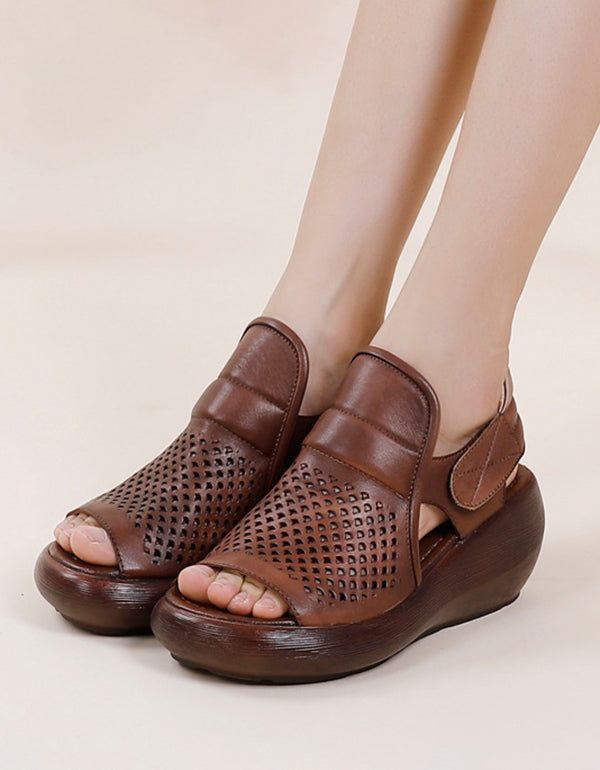 Retro Skinn Sommer Kilehæl Sandaler