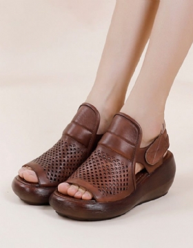 Retro Skinn Sommer Kilehæl Sandaler