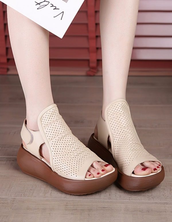 Retro Skinn Sommer Kilehæl Sandaler