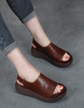 Summer Retro Leather Sandaler Med Åpen Tå Med Kilehæl