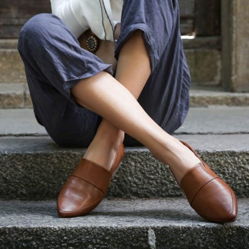 Håndlaget Skinn Retro Soft Flat Damesko | Gave Sko